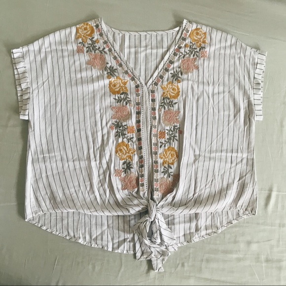 Tops - Floral V Neck Tee Baseball Stripe + Front Tie